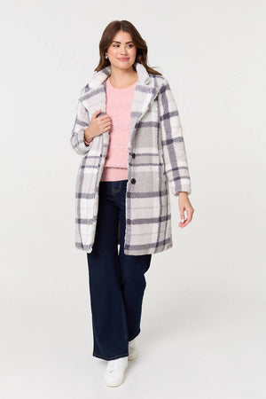Grey | Checked Teddy Fur Thigh Length Jacket
