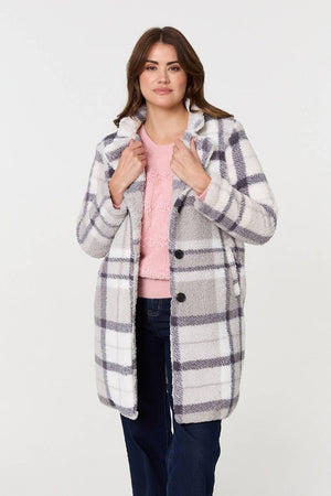 Grey | Checked Teddy Fur Thigh Length Jacket
