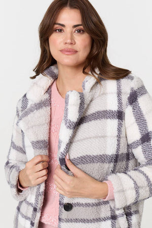 Grey | Checked Teddy Fur Thigh Length Jacket
