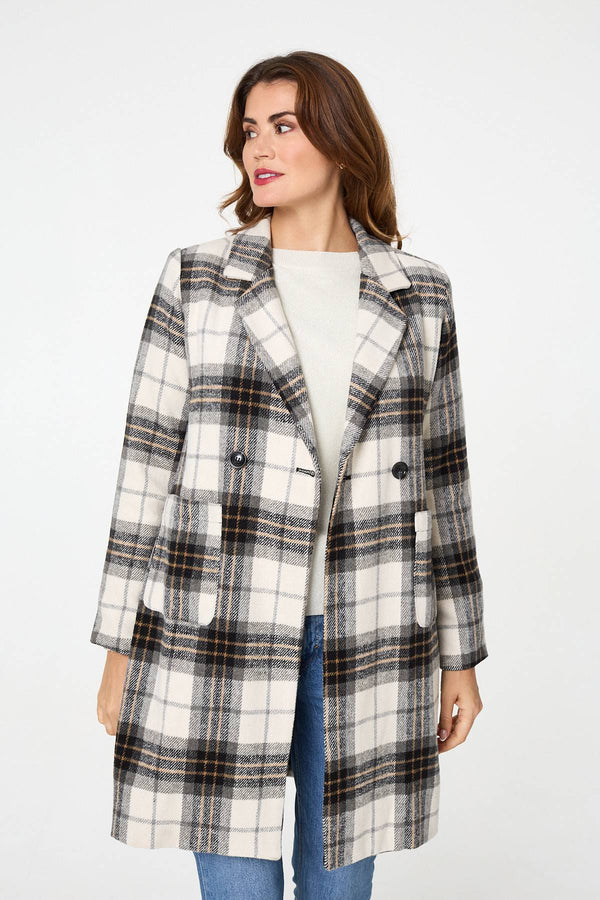 Beige | Checked Double Breasted Longline Coat
