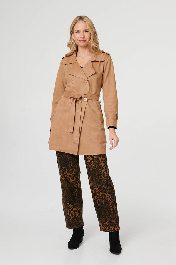Beige | Faux Suede Double Breasted Trench Coat
