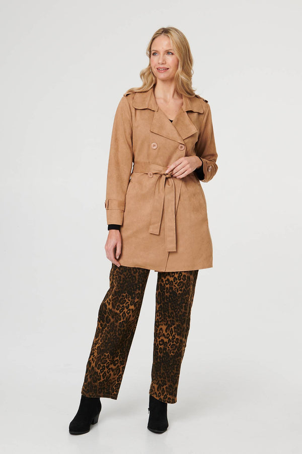 Beige | Faux Suede Double Breasted Trench Coat
