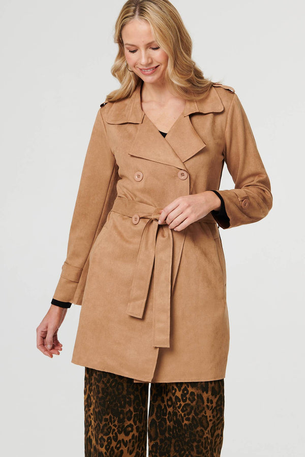 Beige | Faux Suede Double Breasted Trench Coat
