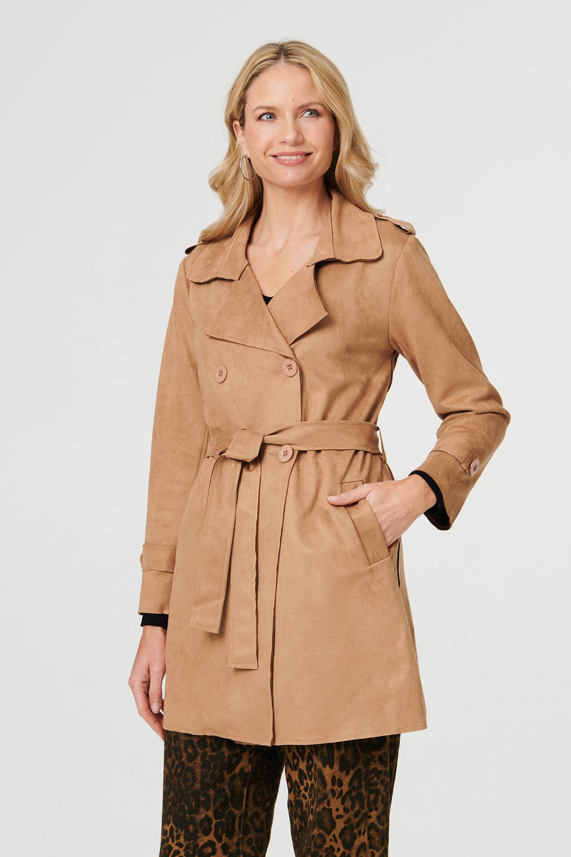 Faux Suede Double Breasted Trench Coat