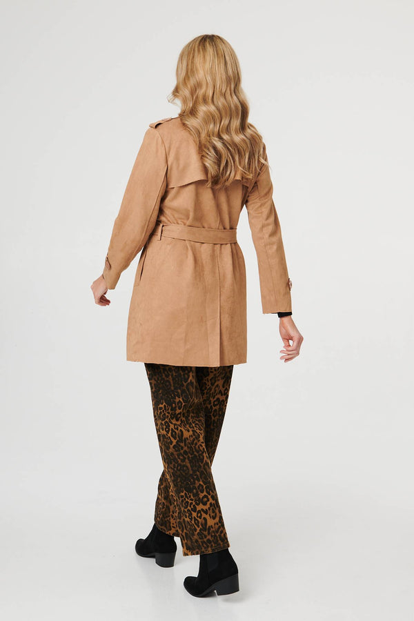 Beige | Faux Suede Double Breasted Trench Coat
