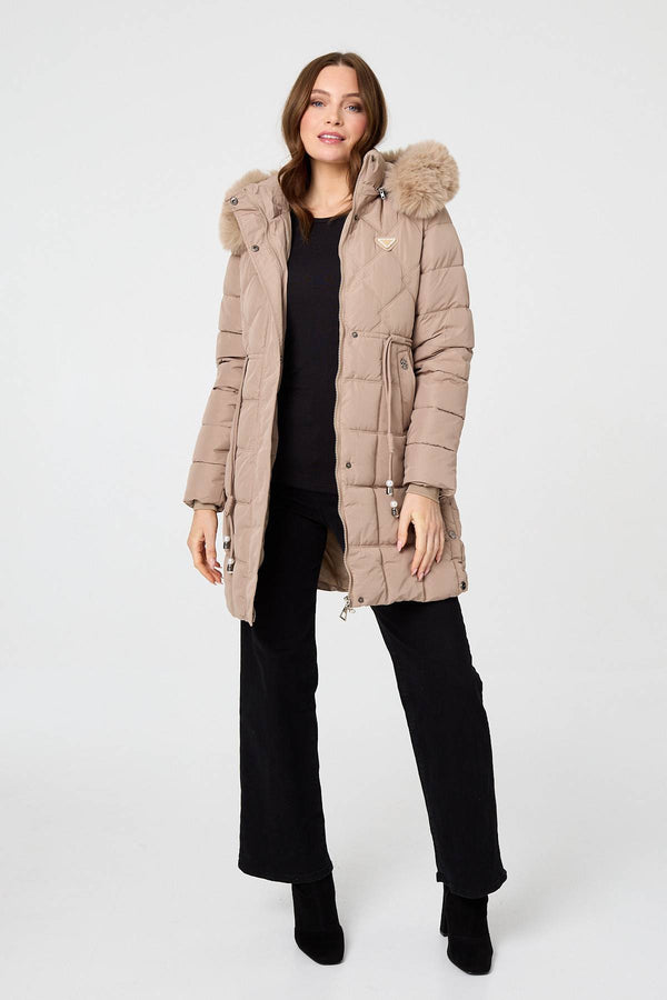 Beige | Faux Fur Hooded Padded Longline Coat