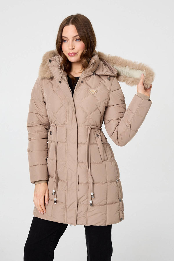 Beige | Faux Fur Hooded Padded Longline Coat