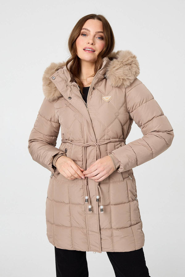 Beige | Faux Fur Hooded Padded Longline Coat