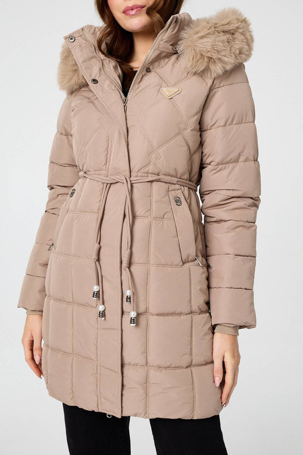 Beige | Faux Fur Hooded Padded Longline Coat
