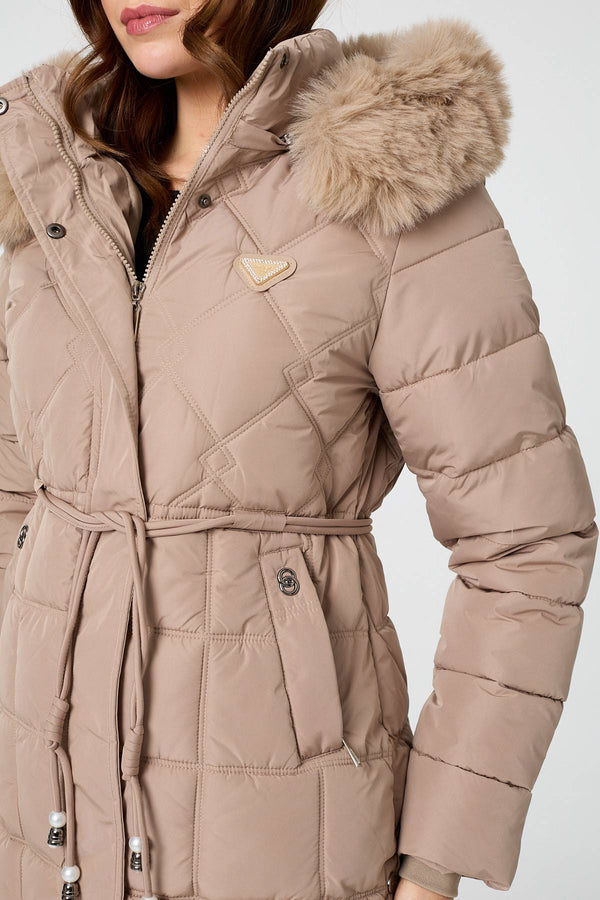 Beige | Faux Fur Hooded Padded Longline Coat