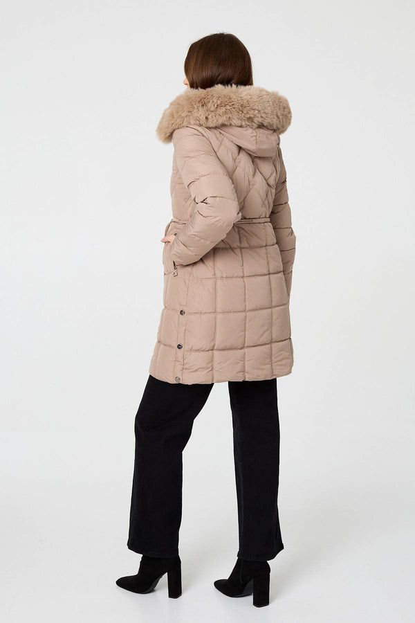 Beige | Faux Fur Hooded Padded Longline Coat