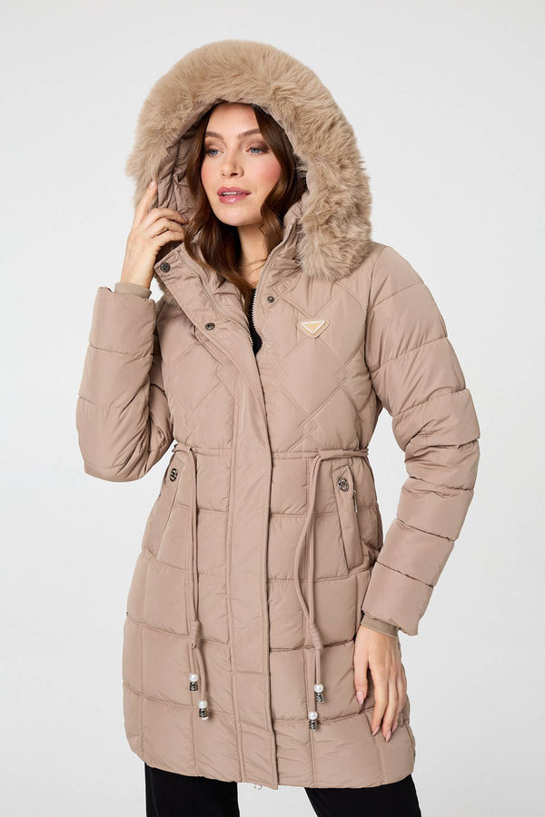Beige | Faux Fur Hooded Padded Longline Coat