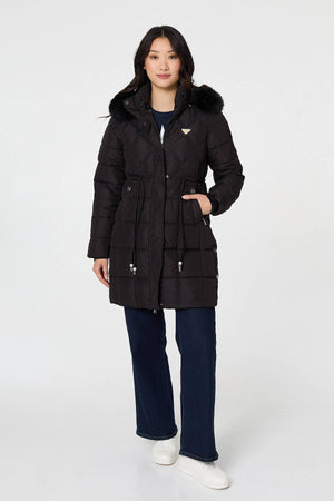 Black | Faux Fur Hooded Padded Longline Coat
