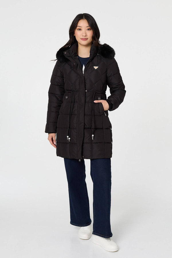 Black | Faux Fur Hooded Padded Longline Coat
