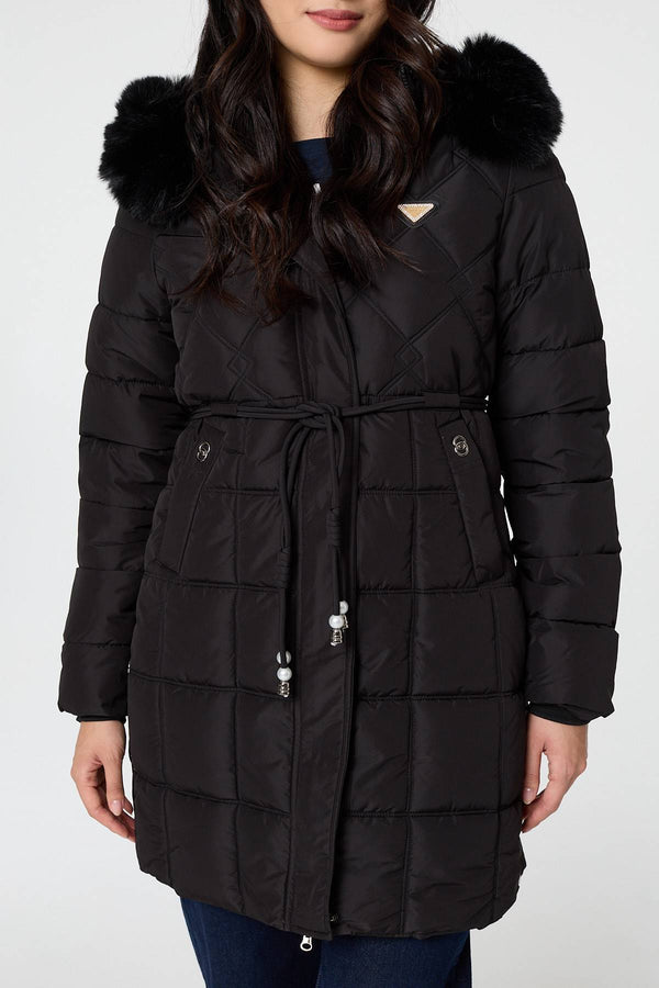 Black | Faux Fur Hooded Padded Longline Coat

