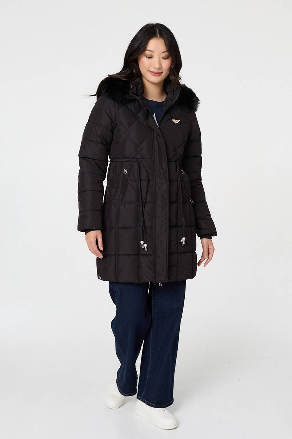 Black | Faux Fur Hooded Padded Longline Coat
