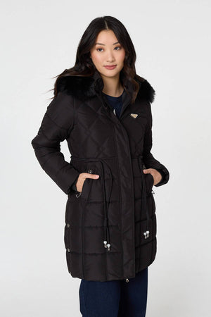 Black | Faux Fur Hooded Padded Longline Coat
