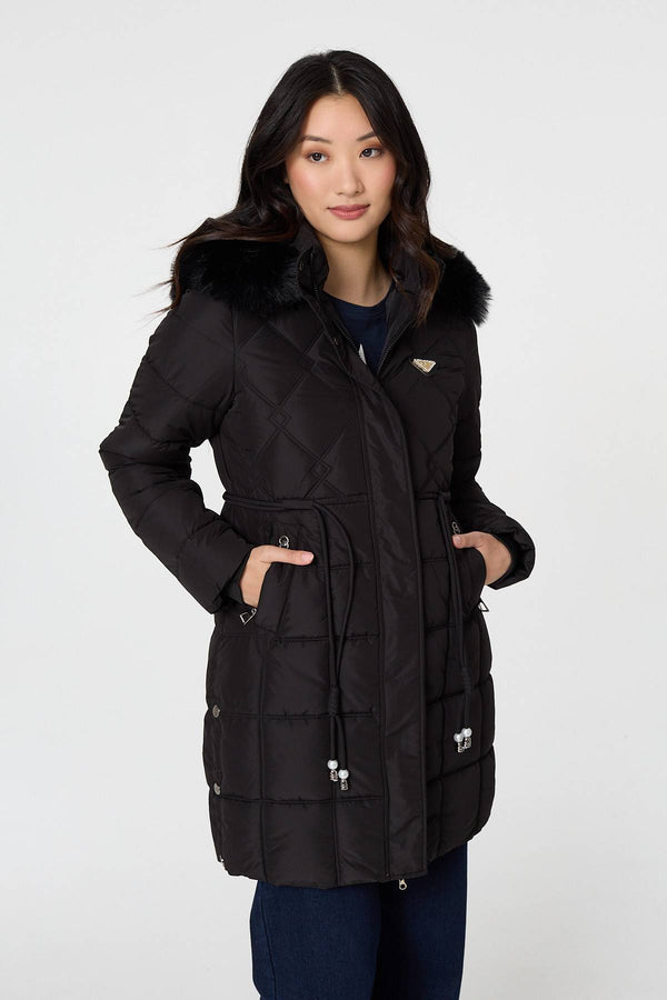 Black | Faux Fur Hooded Padded Longline Coat
