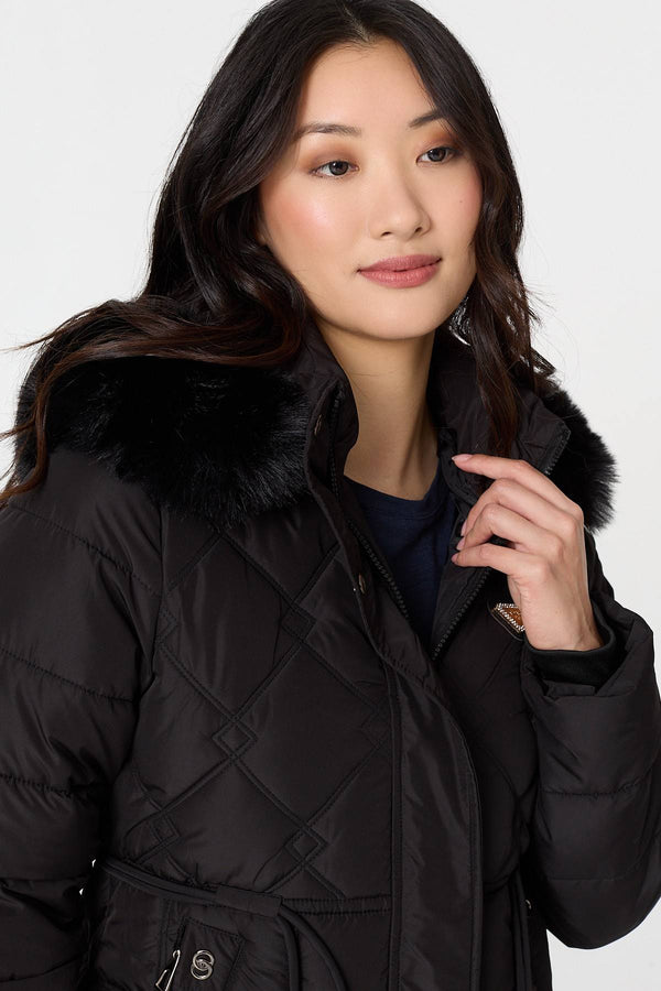 Black | Faux Fur Hooded Padded Longline Coat
