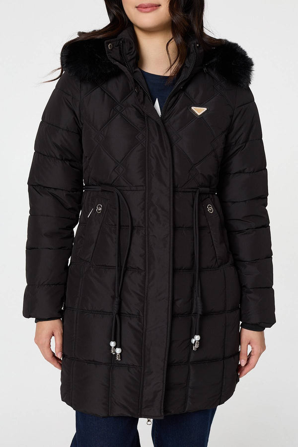 Black | Faux Fur Hooded Padded Longline Coat
