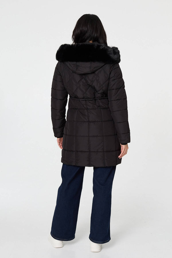 Black | Faux Fur Hooded Padded Longline Coat
