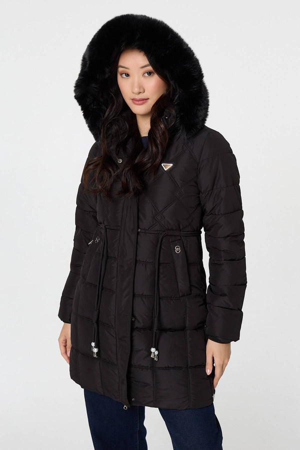 Black | Faux Fur Hooded Padded Longline Coat
