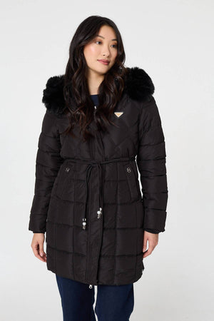 Black | Faux Fur Hooded Padded Longline Coat

