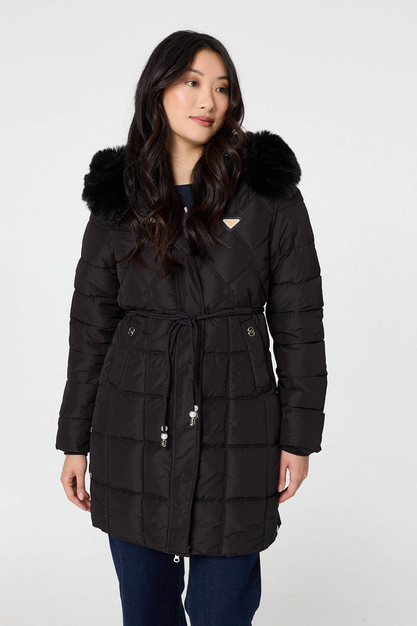 Black | Faux Fur Hooded Padded Longline Coat
