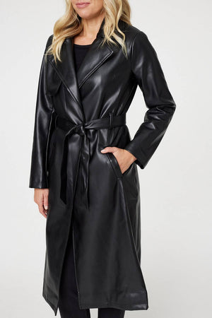 Black | Faux Leather Tie Waist Coat
