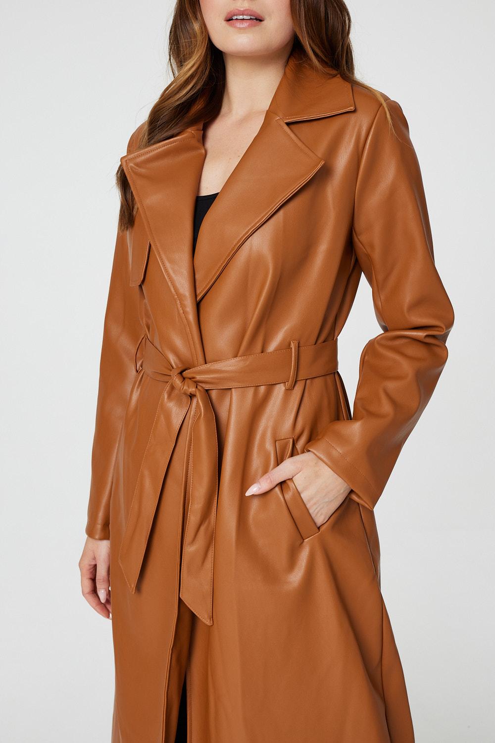 Brown | Faux Leather Tie Waist Coat