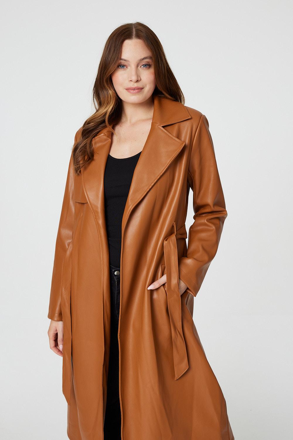 Brown | Faux Leather Tie Waist Coat