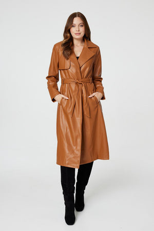Brown | Faux Leather Tie Waist Coat : Model is 5'9"/175 cm and wears UK8/EU36/US4/AUS8