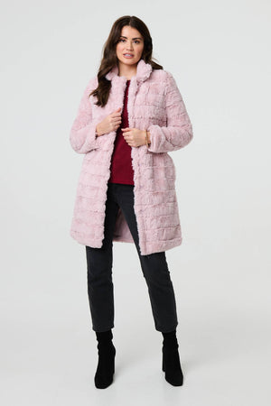 Pink | Faux Fur Thigh Length Coat : Model is 5'9