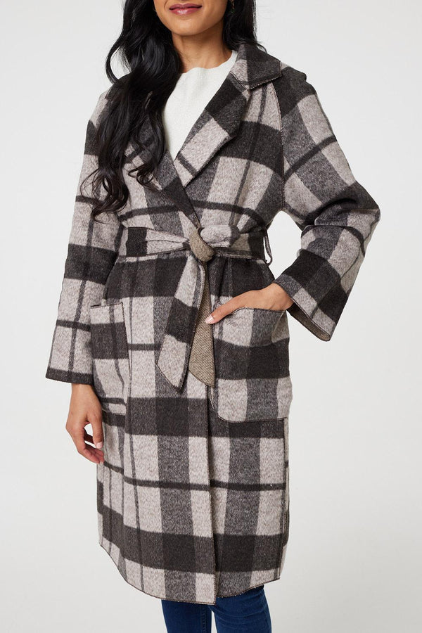 Brown | Checked Longline Coat with Belt
