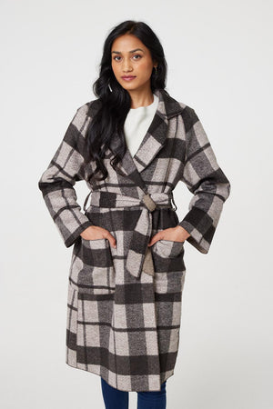 Brown | Checked Longline Coat with Belt
