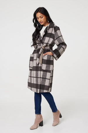 Brown | Checked Longline Coat with Belt
