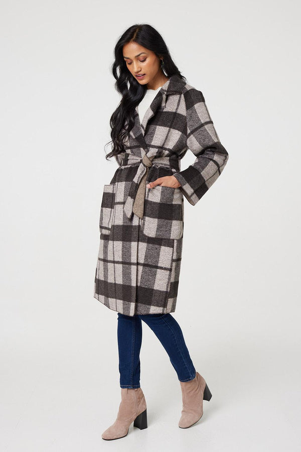 Brown | Checked Longline Coat with Belt
