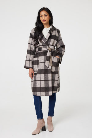 Brown | Checked Longline Coat with Belt
