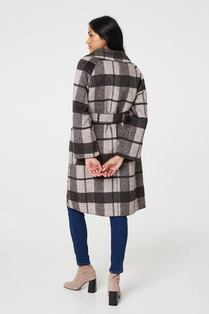 Brown | Checked Longline Coat with Belt
