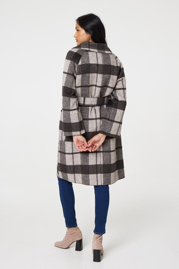 Brown | Checked Longline Coat with Belt
