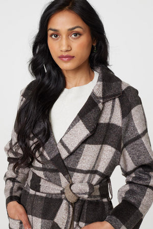 Brown | Checked Longline Coat with Belt
