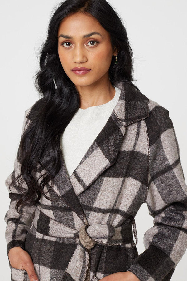 Brown | Checked Longline Coat with Belt
