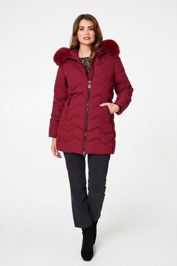 Red | Faux Fur Hood Thigh Length Puffer Jacket
