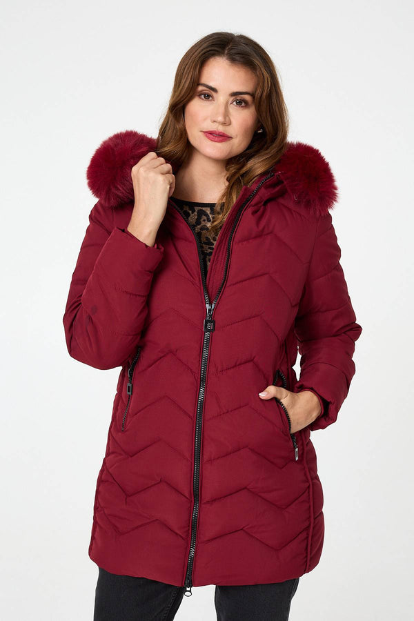 Red | Faux Fur Hood Thigh Length Puffer Jacket
