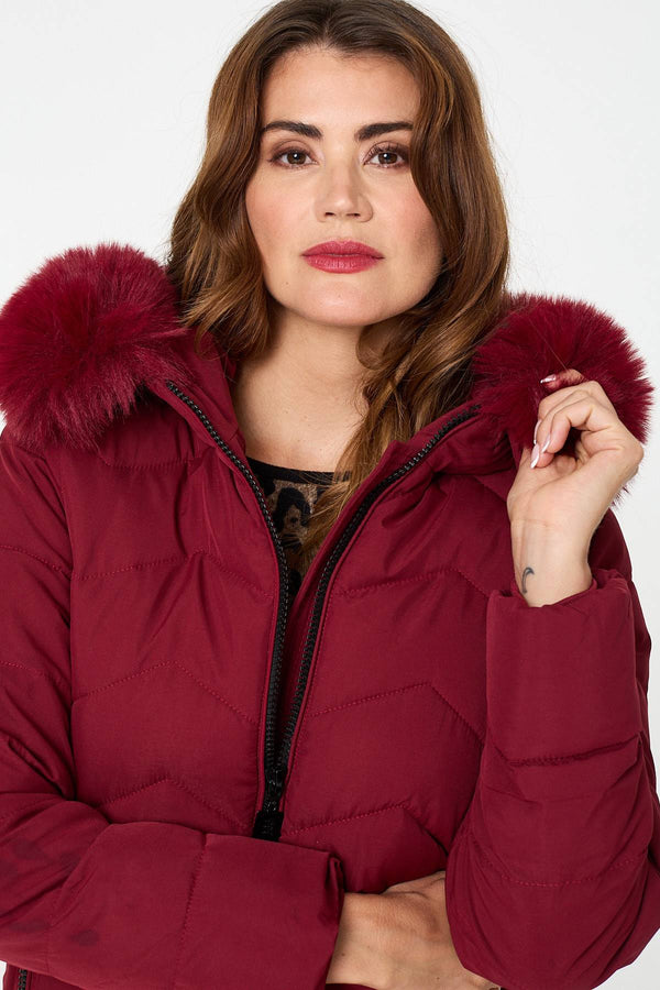Red | Faux Fur Hood Thigh Length Puffer Jacket
