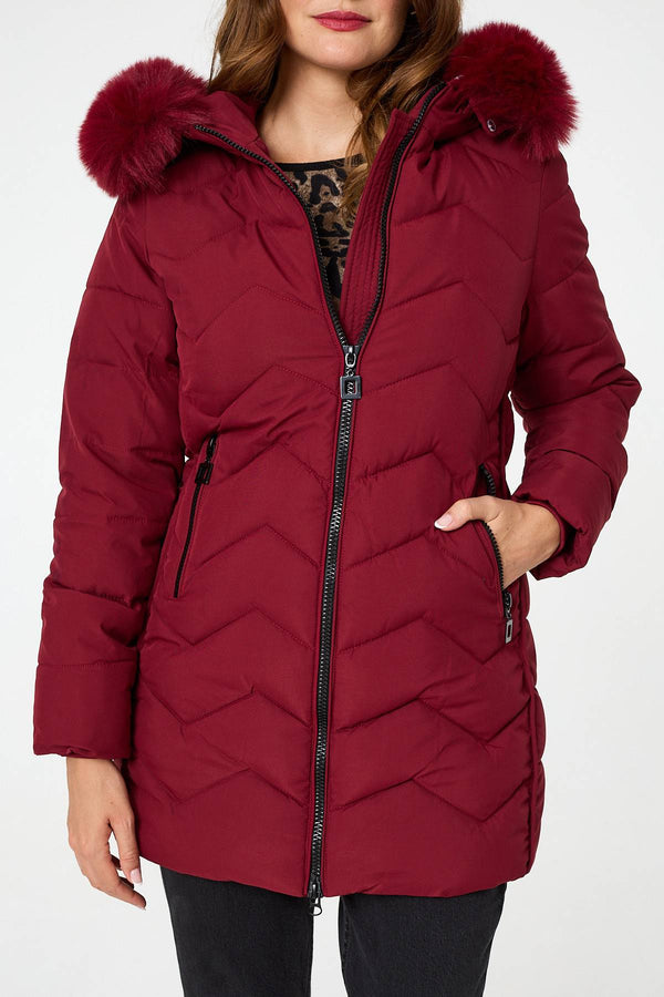 Red | Faux Fur Hood Thigh Length Puffer Jacket
