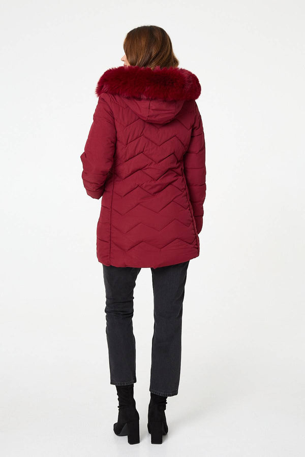 Red | Faux Fur Hood Thigh Length Puffer Jacket
