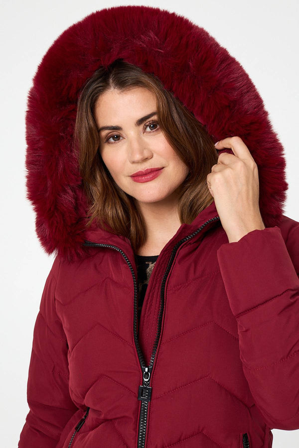 Red | Faux Fur Hood Thigh Length Puffer Jacket
