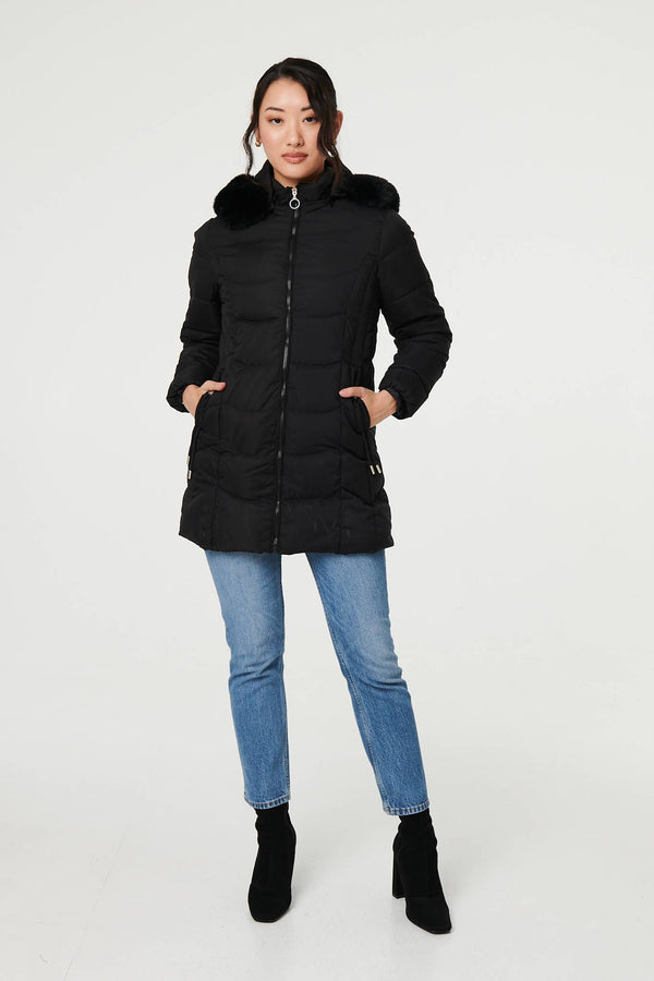 Black | Hooded Faux Fur Trim Zip Puffer Jacket