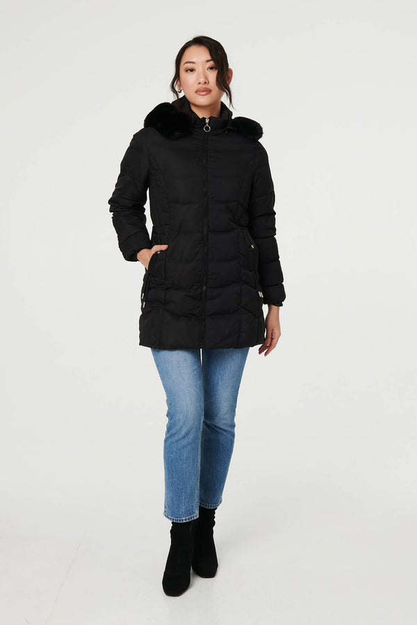 Black | Hooded Faux Fur Trim Zip Puffer Jacket